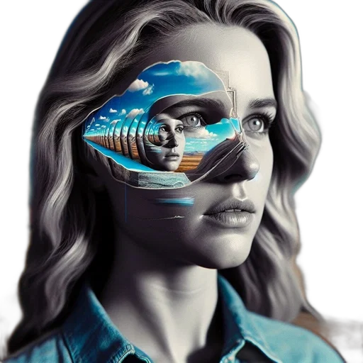 face, mask, robot, hair, photorealistic, comic book art, concept art, vaporwave transparent PNG cut-out