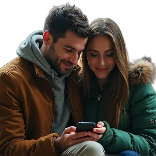 jacket, man, woman, sitting, close, together, holding, smartphone transparent PNG cut-out