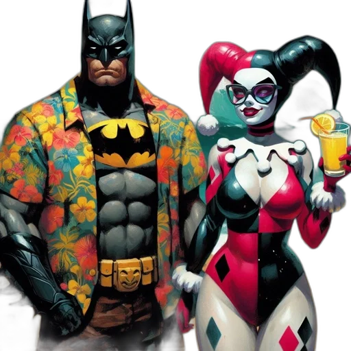 comic book art, concept art, batman, harley, quinn, stand, together, beach transparent PNG cut-out
