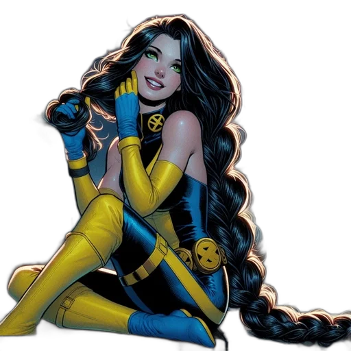 comic book art, concept art, cartoon, fantasy art, woman, blue-yellow, costume, holds transparent PNG cut-out
