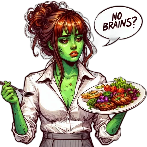 food, comic book art, concept art, female, character, green, skin, red transparent PNG cut-out
