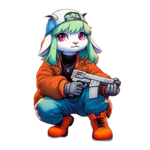 weapon, robot, animal, jacket, pixel art, vaporwave, cyberpunk, anime transparent PNG cut-out