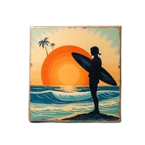 oil painting, photorealistic, watercolor, vaporwave, sunset, beach, square-shaped, ceramic transparent PNG cut-out