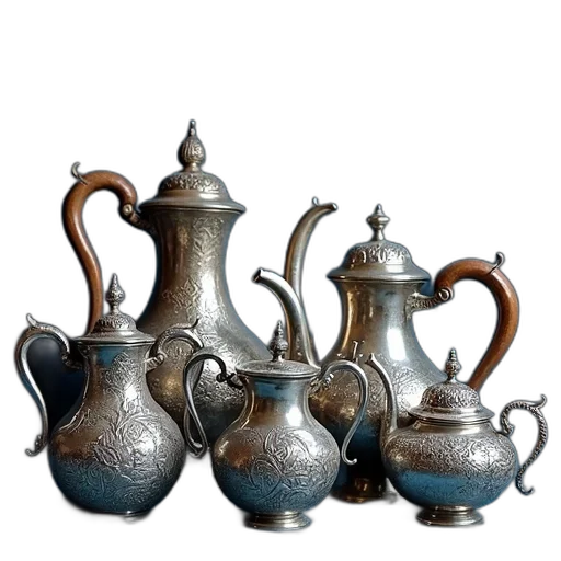 photorealistic, 3d render, blue, collection, antique, silver, teapots, intricate transparent PNG cut-out