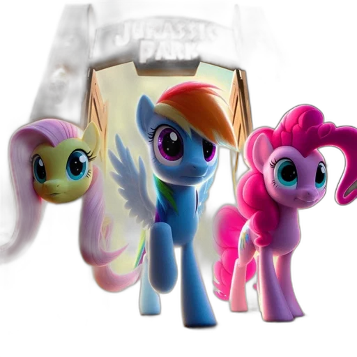 3d render, concept art, three, little, ponies, stand, before, jurassic transparent PNG cut-out