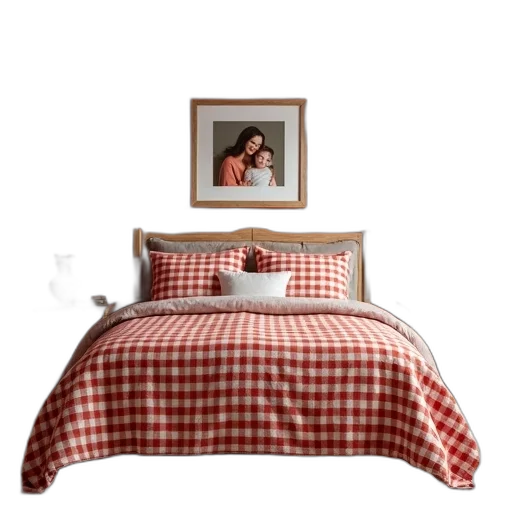 furniture, photorealistic, 3d render, red, bedroom, large, bed, covered transparent PNG cut-out