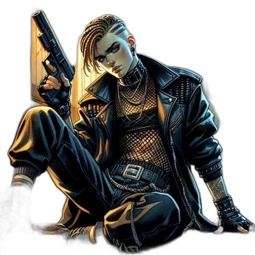 jacket, weapon, cyberpunk, comic book art, concept art, fantasy art, neon lights, blue transparent PNG cut-out