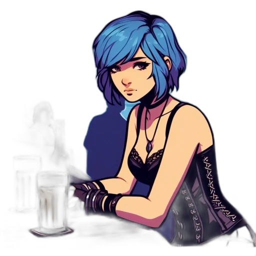 dress, jewelry, concept art, cyberpunk, fantasy art, comic book art, neon lights, blue transparent PNG cut-out