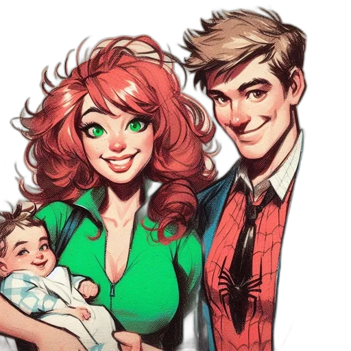 comic book art, concept art, cartoon, watercolor, green, family, portrait, features transparent PNG cut-out