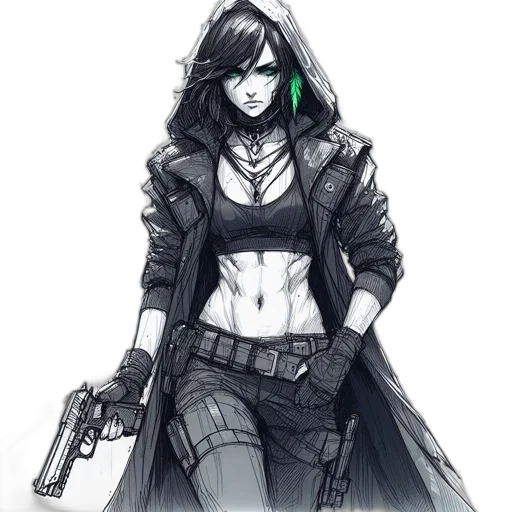 jacket, weapon, cyberpunk, concept art, comic book art, fantasy art, green, monochrome transparent PNG cut-out