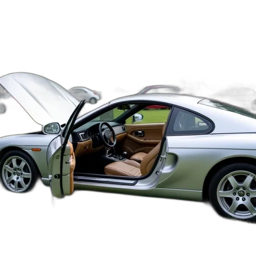 car, 3d render, photorealistic, concept art, silver, hood, open, parked transparent PNG cut-out