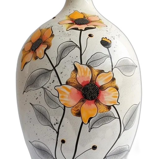 bottle, flower, photorealistic, watercolor, decorative, vase, bulbous, body transparent PNG cut-out