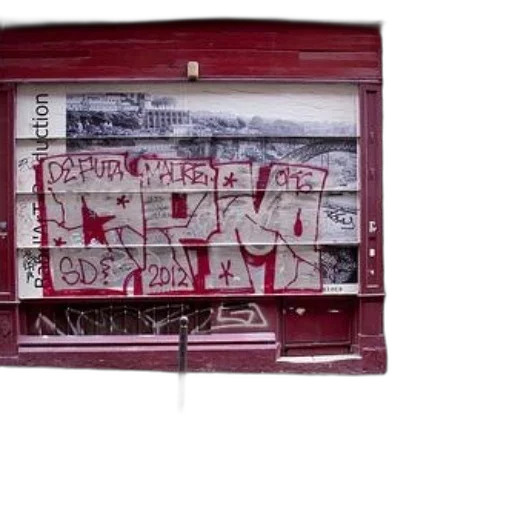 furniture, jewelry, shoes, building, red, graffiti-covered, storefront, wooden transparent PNG cut-out