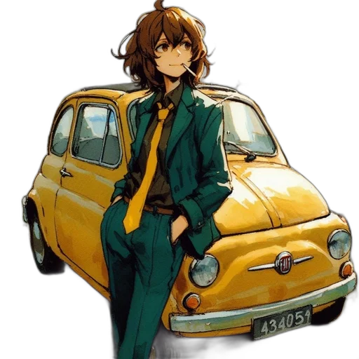 car, jacket, dress, anime, cartoon, concept art, photorealistic, golden transparent PNG cut-out