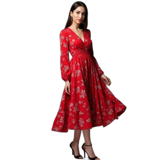 dress, photorealistic, red, woman, wearing, floral, v-neckline, long transparent PNG cut-out