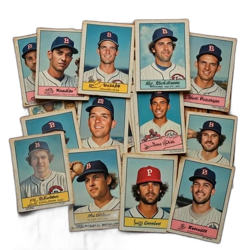 collection, vintage, baseball, cards, displayed, wooden, surface, arranged transparent PNG cut-out