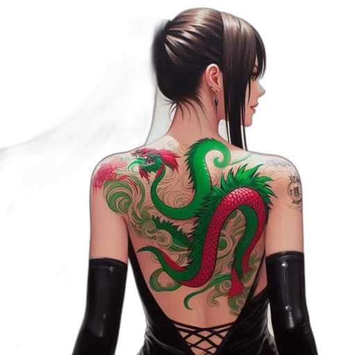 dragon, dress, fantasy art, concept art, photorealistic, cyberpunk, green, red transparent PNG cut-out