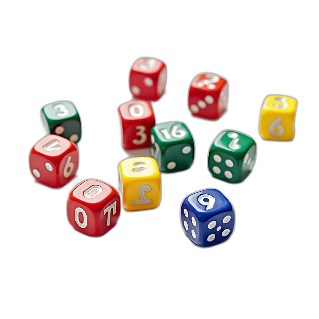 3d render, concept art, photorealistic, collection, colorful, dice, scattered, white transparent PNG cut-out