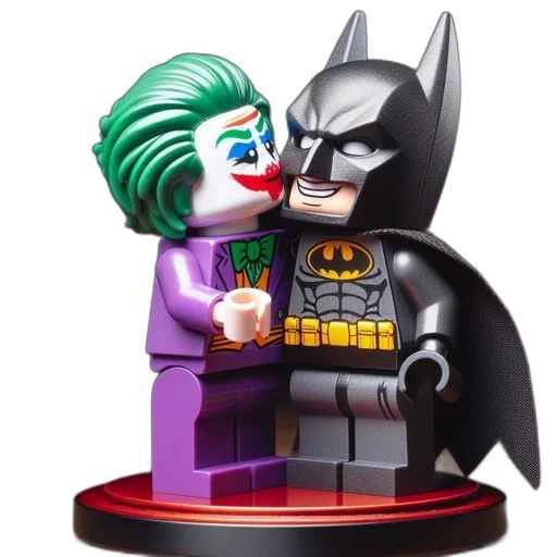 two, lego, figures, joker, batman, playful, interaction, standing transparent PNG cut-out