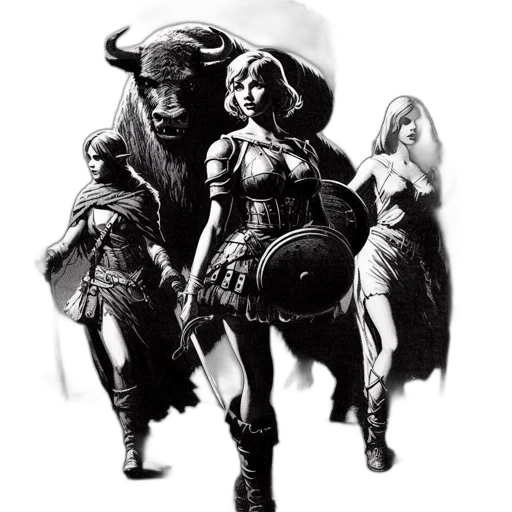 concept art, fantasy art, comic book art, pixel art, monochrome, dark, three, women transparent PNG cut-out