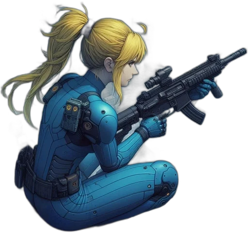 weapon, jacket, concept art, comic book art, pixel art, cyberpunk, blue, determined transparent PNG cut-out