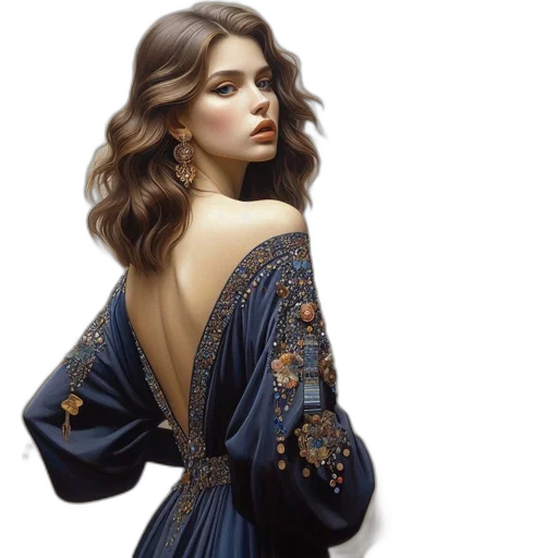 dress, jacket, jewelry, photorealistic, oil painting, fantasy art, concept art, blue transparent PNG cut-out