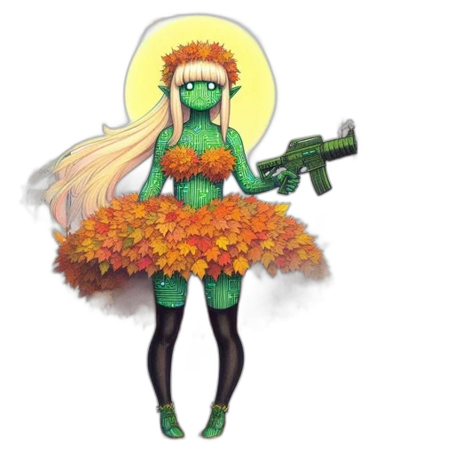 weapon, dress, flower, pixel art, concept art, fantasy art, anime, green transparent PNG cut-out
