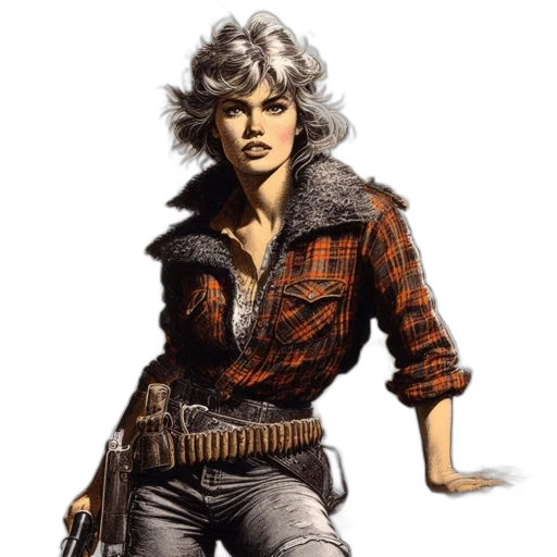 jacket, weapon, comic book art, concept art, fantasy art, photorealistic, woman, silver transparent PNG cut-out