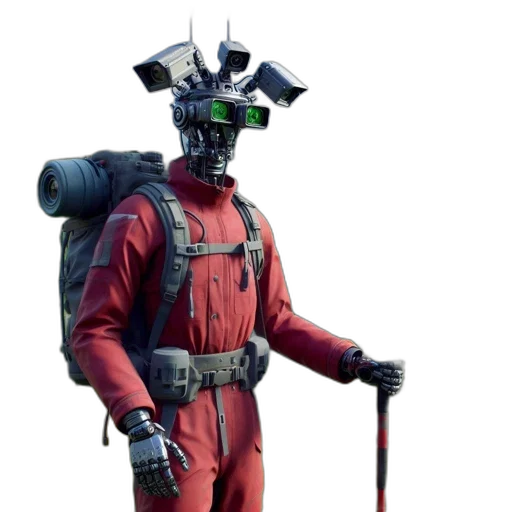 robot, staff, mask, weapon, concept art, cyberpunk, 3d render, pixel art transparent PNG cut-out