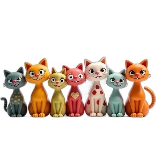 3d render, concept art, collection, colorful, cartoonish, cat, figurines, exaggerated transparent PNG cut-out