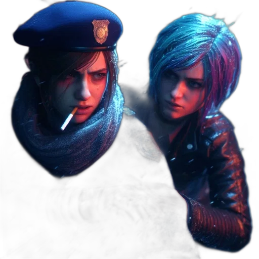 jacket, hat, face, concept art, cyberpunk, photorealistic, comic book art, neon lights transparent PNG cut-out