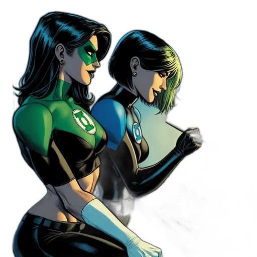 comic book art, concept art, green, two, superheroines, their, respective, costumes transparent PNG cut-out