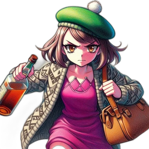 hat, bottle, jacket, staff, pixel art, vaporwave, anime, concept art transparent PNG cut-out