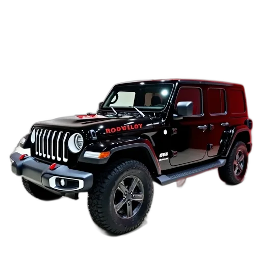 car, 3d render, photorealistic, black, jeep, wrangler, parked, showroom transparent PNG cut-out