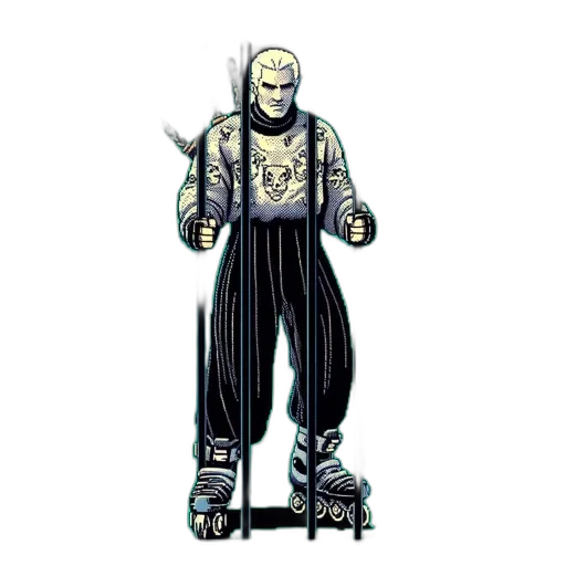 robot, jacket, staff, comic book art, concept art, pixel art, cyberpunk, monochrome transparent PNG cut-out