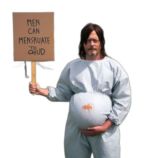 man, wears, white, jumpsuit, painted, pregnant, belly, stands transparent PNG cut-out