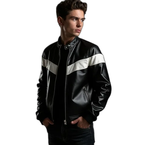 jacket, photorealistic, monochrome, man, wearing, black, leather, white transparent PNG cut-out