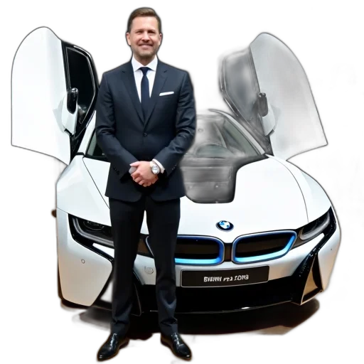 car, photorealistic, man, dark, suit, tie, standing, next transparent PNG cut-out