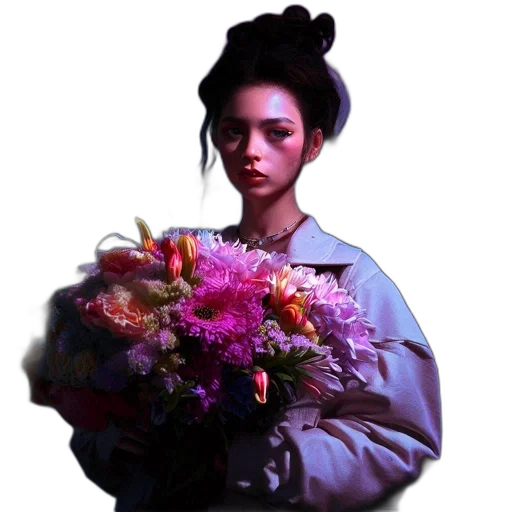flower, crown, jacket, face, photorealistic, oil painting, vaporwave, concept art transparent PNG cut-out