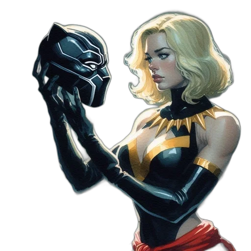 mask, comic book art, concept art, woman, wearing, black, gold, outfit transparent PNG cut-out