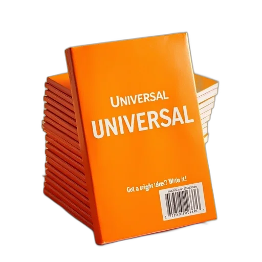stack, bright, orange, notebooks, word, universal, written, white transparent PNG cut-out
