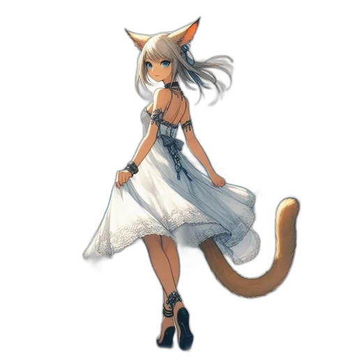 dress, staff, animal, concept art, fantasy art, pixel art, anime, monochrome transparent PNG cut-out