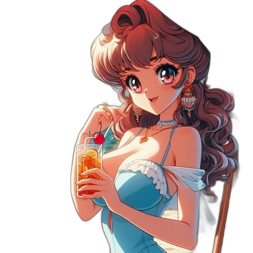 dress, bottle, staff, weapon, anime, vaporwave, pixel art, cartoon transparent PNG cut-out
