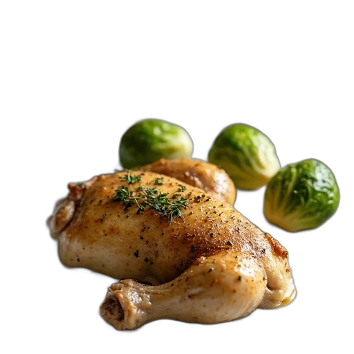 food, animal, 3d render, photorealistic, plate, cooked, chicken, herbs transparent PNG cut-out