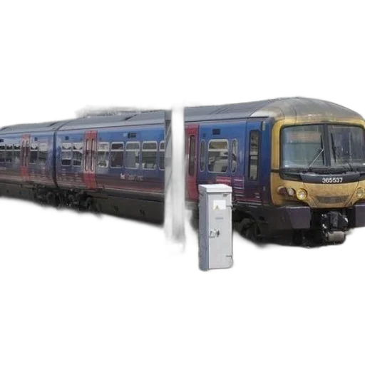 3d render, blue, yellow, train, tracks, white, box, next transparent PNG cut-out