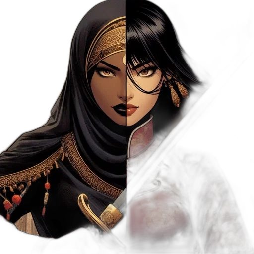 comic book art, concept art, fantasy art, pixel art, dark, two, women, wielding transparent PNG cut-out