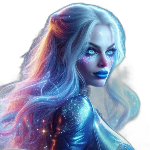 hair, fantasy art, comic book art, concept art, photorealistic, blue, futuristic, female transparent PNG cut-out