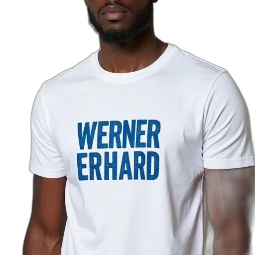 man, wearing, white, t-shirt, blue, graphic, design, reads transparent PNG cut-out