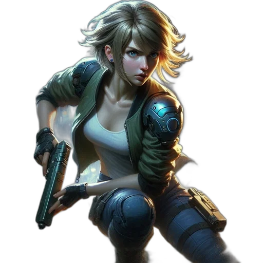 weapon, jacket, concept art, cyberpunk, comic book art, fantasy art, armed, woman transparent PNG cut-out