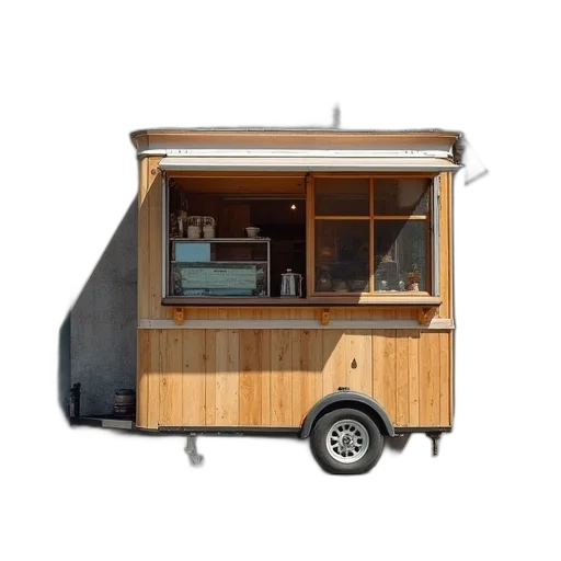 furniture, 3d render, small, concession, trailer, wheels, parked, front transparent PNG cut-out